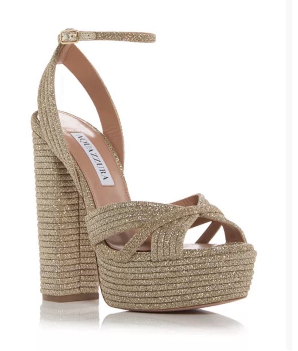 $1,045 Aquazzura Sundance Plateau 140 Raffia Glitter Platform Sandals NEW Sz 36